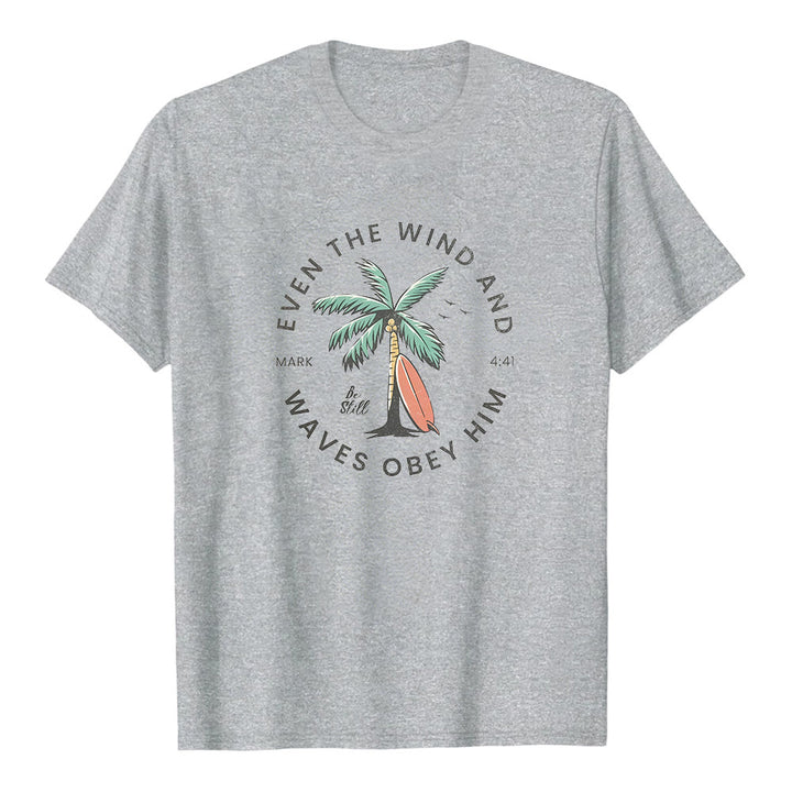 Christianartworkshop Markus 4,41 „Sogar Wind und Wellen gehorchen ihm“ – Premium-T-Shirt mit Strandmotiv und kurzen Ärmeln - Grau - 2XL - image 2