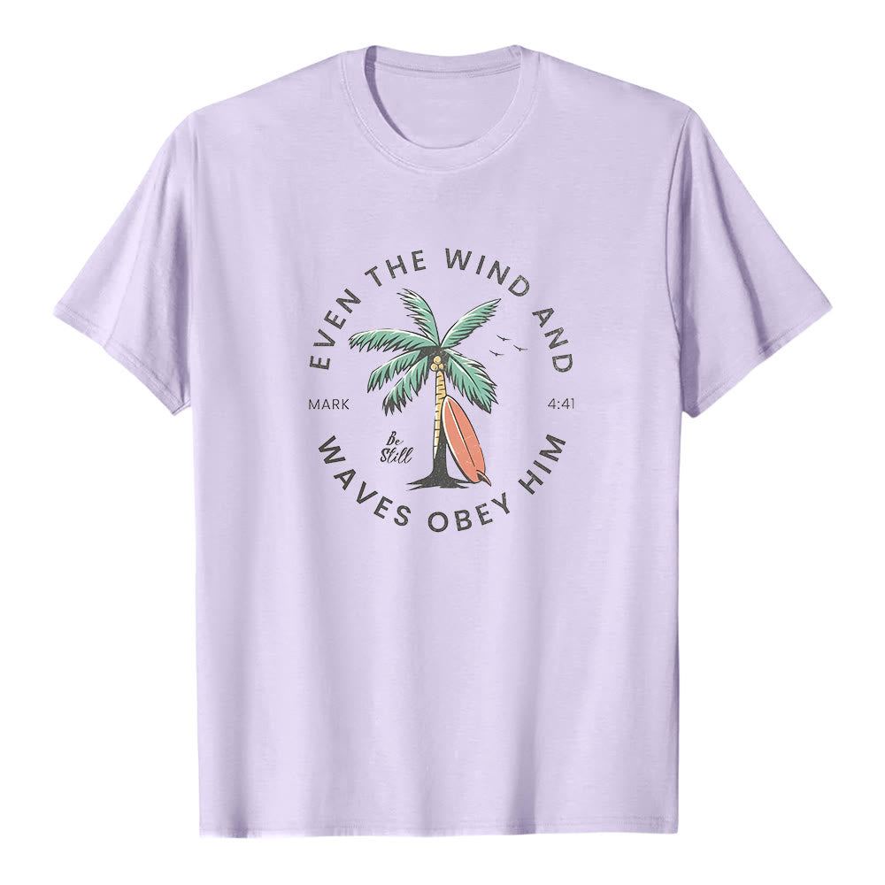 Christianartworkshop Markus 4,41 „Sogar Wind und Wellen gehorchen ihm“ – Premium-T-Shirt mit Strandmotiv und kurzen Ärmeln - Lila - 2XL - image 4
