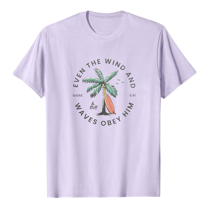 Christianartworkshop Markus 4,41 „Sogar Wind und Wellen gehorchen ihm“ – Premium-T-Shirt mit Strandmotiv und kurzen Ärmeln - Lila - 2XL - image 4