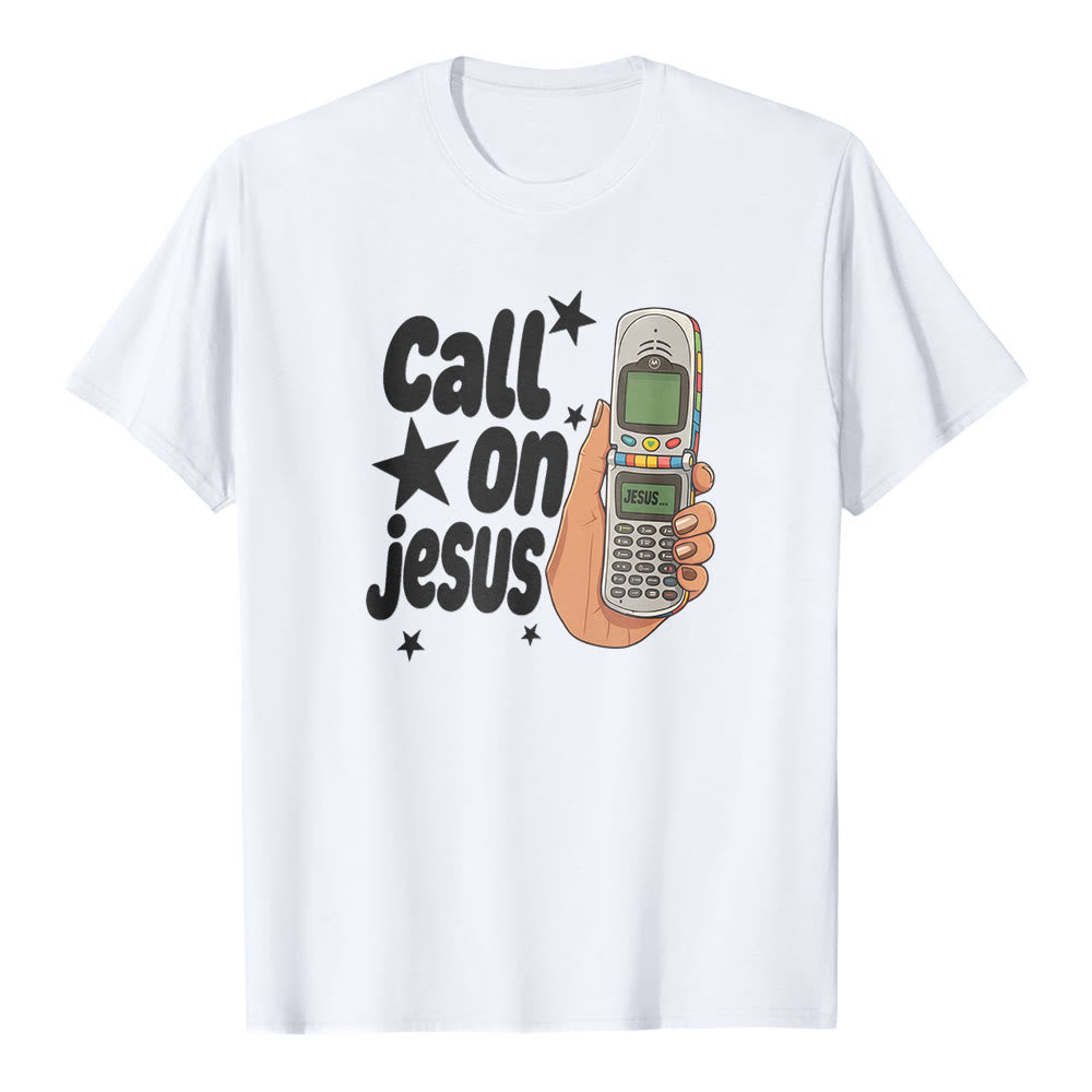 Christianartworkshop „Ruf Jesus an“ Retro-Klapphandy-Grafik Premium-Kurzarm-T-Shirt - Weiß - 2XL - image 0