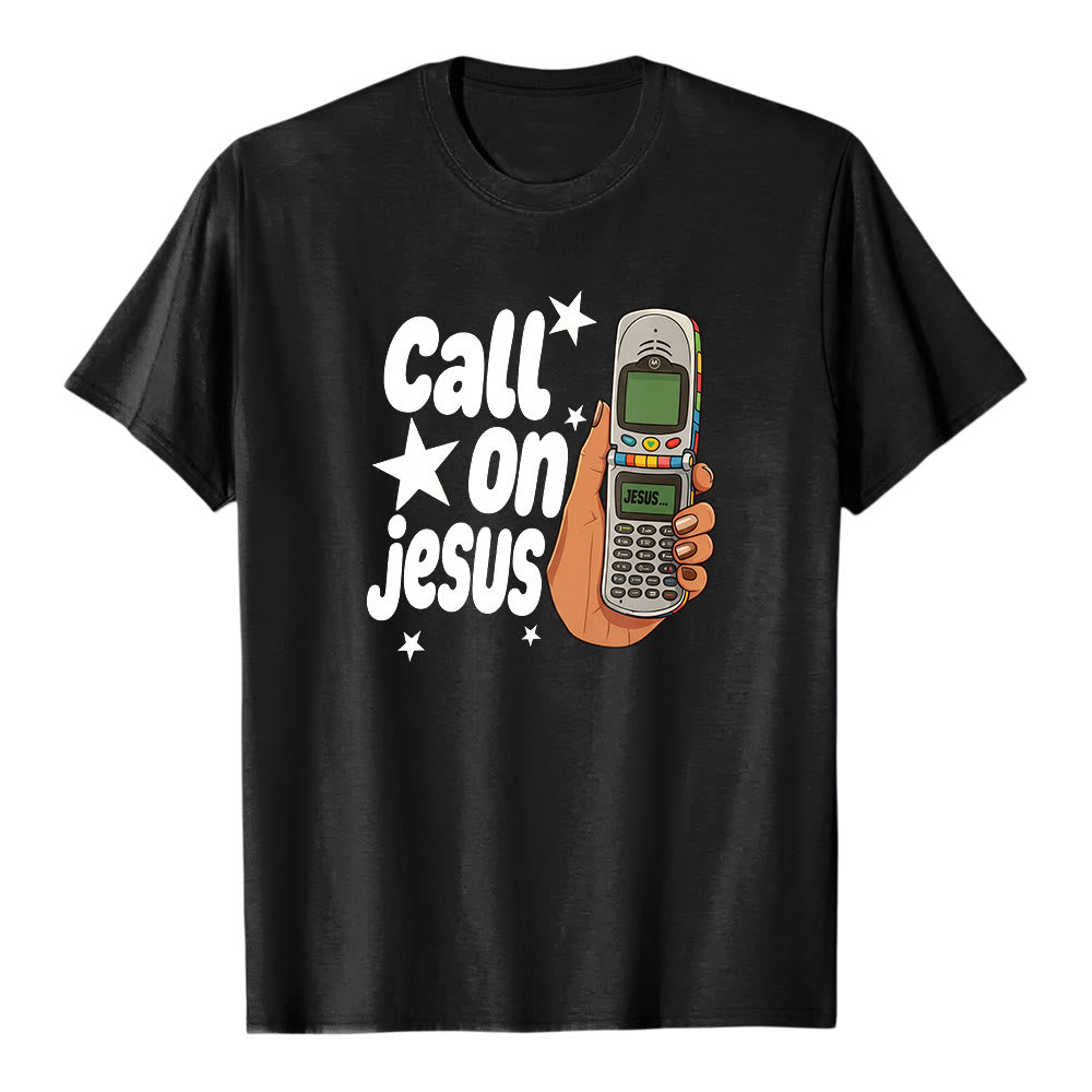 Christianartworkshop „Ruf Jesus an“ Retro-Klapphandy-Grafik Premium-Kurzarm-T-Shirt - Schwarz - 2XL - image 1