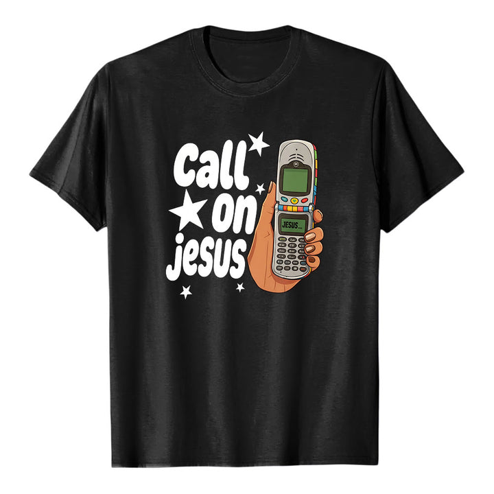 Christianartworkshop „Ruf Jesus an“ Retro-Klapphandy-Grafik Premium-Kurzarm-T-Shirt - Schwarz - 2XL - image 1
