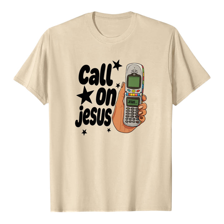 Christianartworkshop „Ruf Jesus an“ Retro-Klapphandy-Grafik Premium-Kurzarm-T-Shirt - Beige - 2XL - image 4