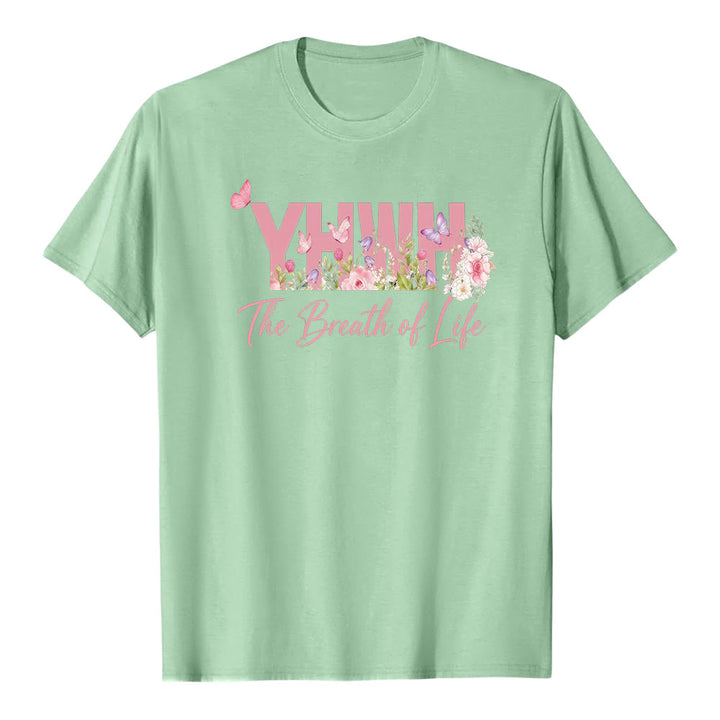Christianartworkshop Pastellfarbenes Premium-Kurzarm-T-Shirt mit Blumen- und Schmetterlingsmuster "YHWH" - Hellgrün - 2XL - image 6