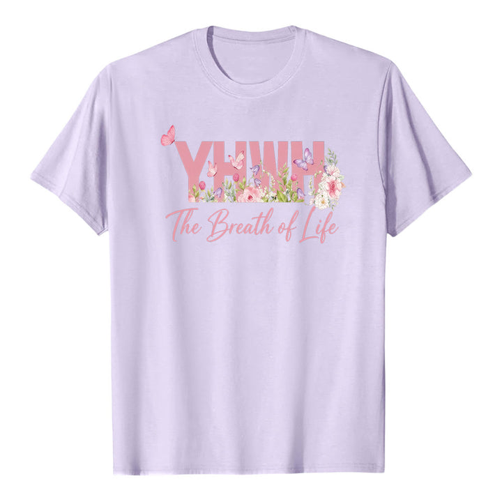 Christianartworkshop Pastellfarbenes Premium-Kurzarm-T-Shirt mit Blumen- und Schmetterlingsmuster "YHWH" - Lila - 2XL - image 0