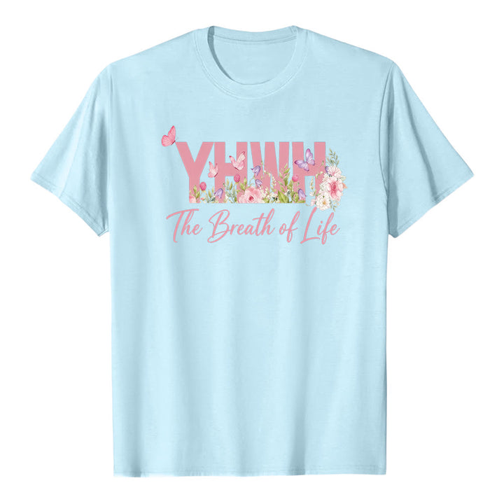 Christianartworkshop Pastellfarbenes Premium-Kurzarm-T-Shirt mit Blumen- und Schmetterlingsmuster "YHWH" - Blau - 2XL - image 5