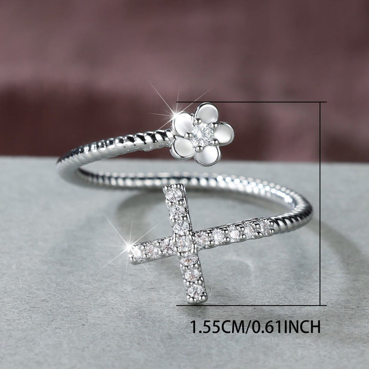 Christianartworkshop Offener Manschettenring mit Zirkonkreuz im Pavé-Stil und Zirkonblumen-Akzent: Ein Symbol zarter Anmut und unerschütterlichen heiligen Glaubens - image 8
