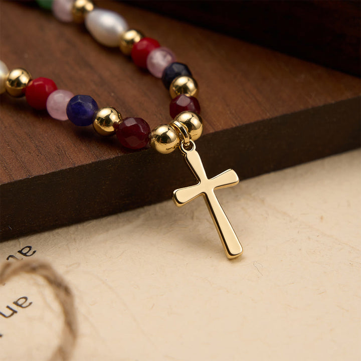 Christianartworkshop Farbenfrohe Perlenkette mit schlichtem Kreuzanhänger: Ein Symbol lebendiger, heiliger Gnade und unerschütterlichen Glaubens - Golden - image 1