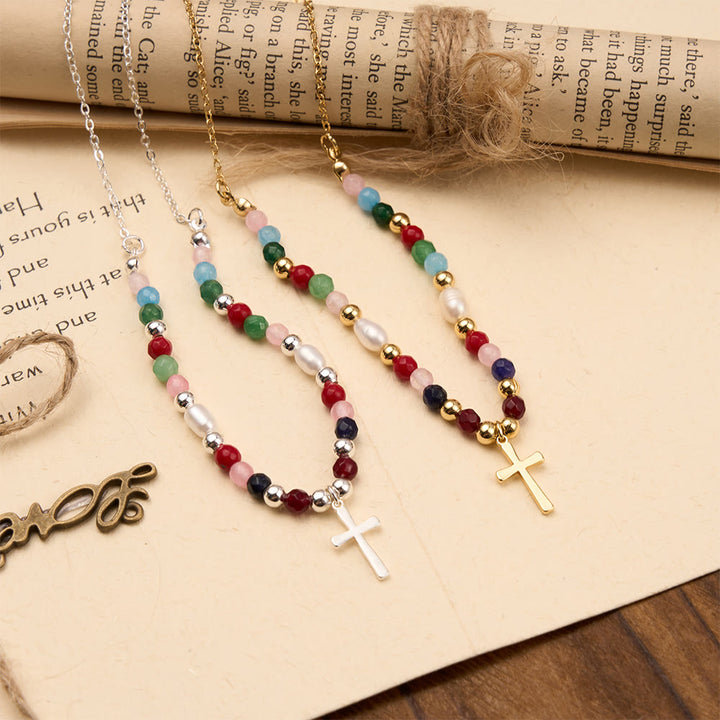 Christianartworkshop Farbenfrohe Perlenkette mit schlichtem Kreuzanhänger: Ein Symbol lebendiger, heiliger Gnade und unerschütterlichen Glaubens - image 0