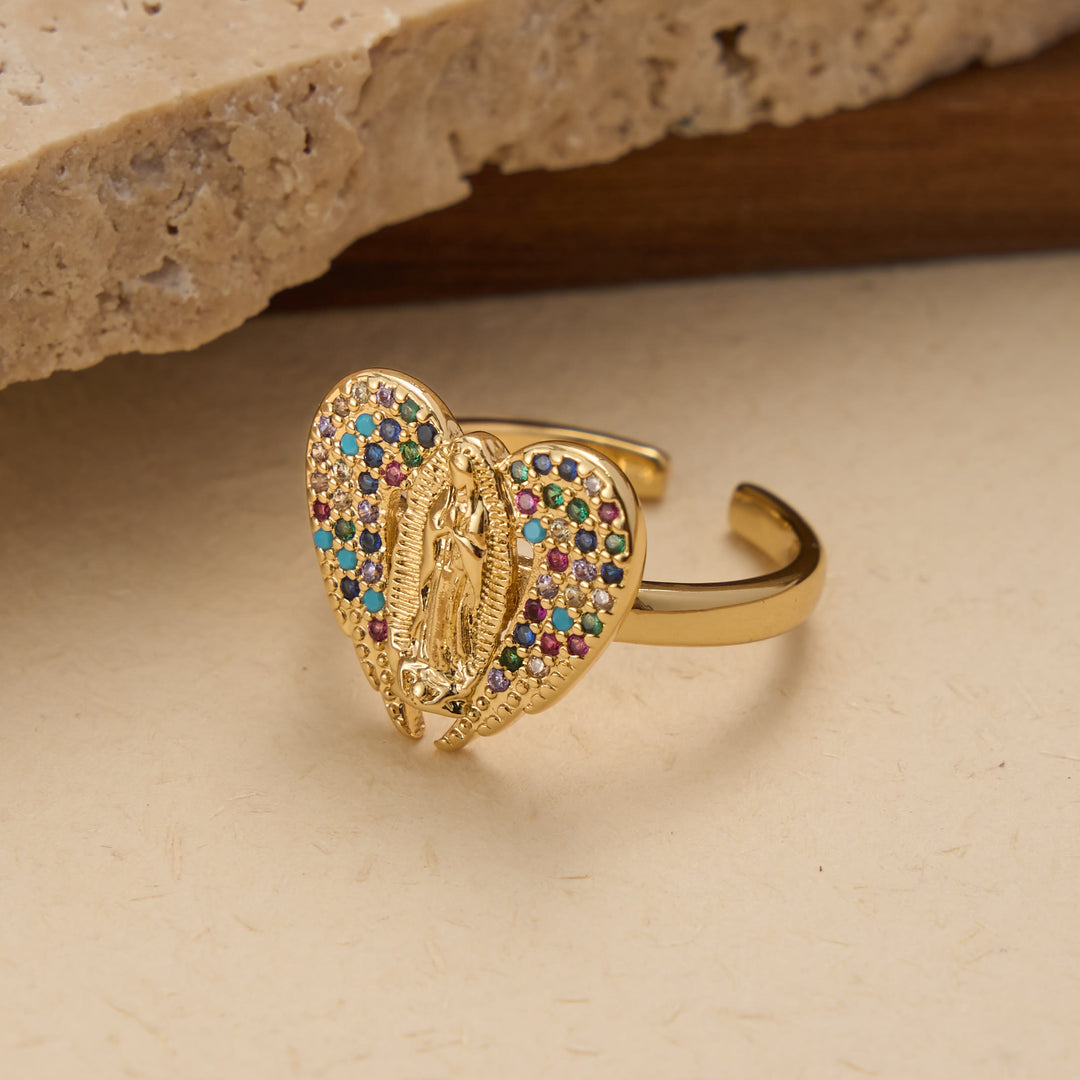 Christianartworkshop Verstellbarer offener Ring mit farbenfrohem Zirkon-Halo und Anhänger mit der Jungfrau von Guadalupe: Ein Symbol zärtlicher mütterlicher Gnade - image 2