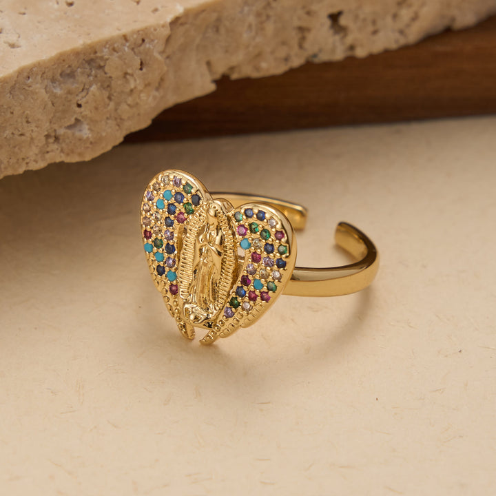 Christianartworkshop Verstellbarer offener Ring mit farbenfrohem Zirkon-Halo und Anhänger mit der Jungfrau von Guadalupe: Ein Symbol zärtlicher mütterlicher Gnade - image 2