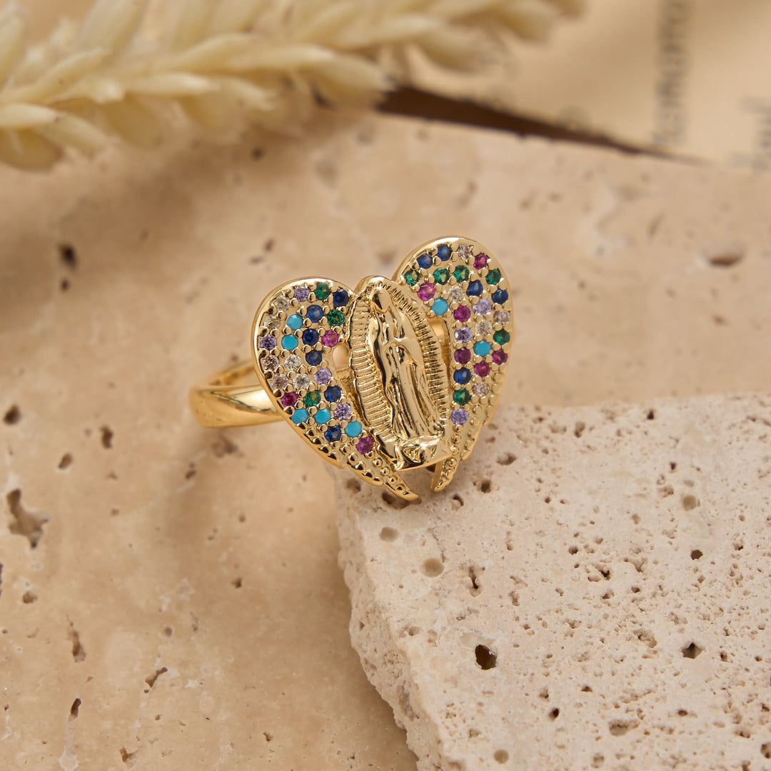 Christianartworkshop Verstellbarer offener Ring mit farbenfrohem Zirkon-Halo und Anhänger mit der Jungfrau von Guadalupe: Ein Symbol zärtlicher mütterlicher Gnade - image 3
