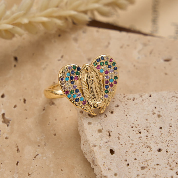 Christianartworkshop Verstellbarer offener Ring mit farbenfrohem Zirkon-Halo und Anhänger mit der Jungfrau von Guadalupe: Ein Symbol zärtlicher mütterlicher Gnade - image 3