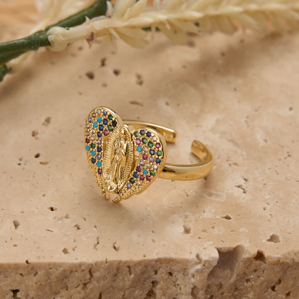 Christianartworkshop Verstellbarer offener Ring mit farbenfrohem Zirkon-Halo und Anhänger mit der Jungfrau von Guadalupe: Ein Symbol zärtlicher mütterlicher Gnade - image 1