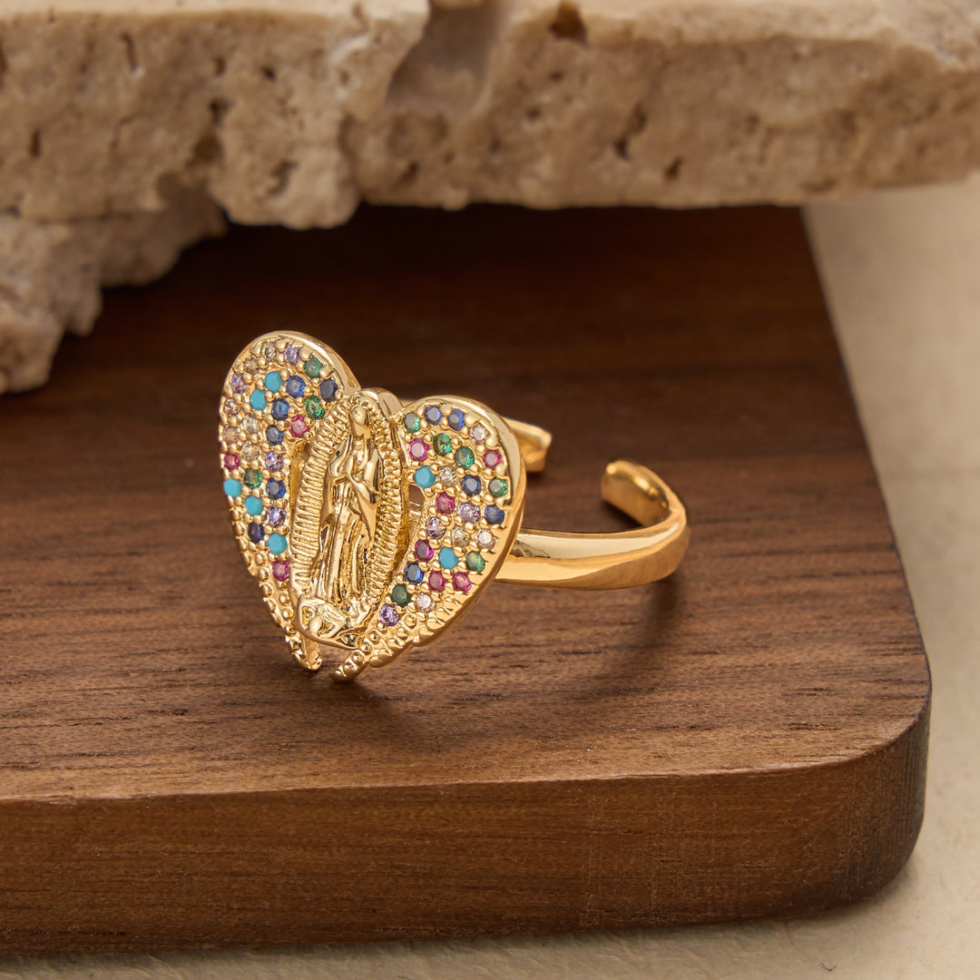 Christianartworkshop Verstellbarer offener Ring mit farbenfrohem Zirkon-Halo und Anhänger mit der Jungfrau von Guadalupe: Ein Symbol zärtlicher mütterlicher Gnade - image 4