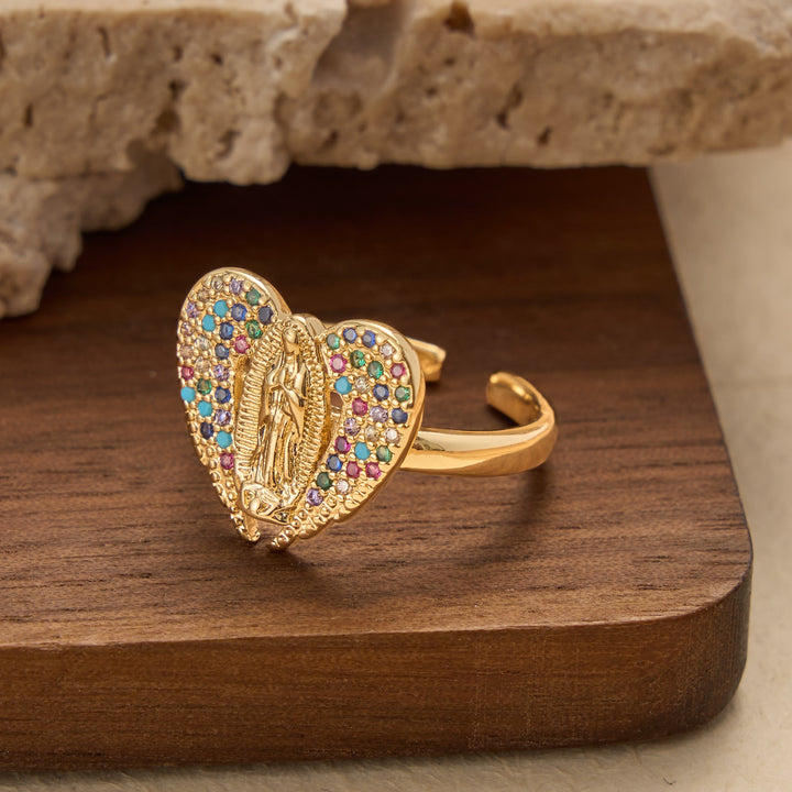 Christianartworkshop Verstellbarer offener Ring mit farbenfrohem Zirkon-Halo und Anhänger mit der Jungfrau von Guadalupe: Ein Symbol zärtlicher mütterlicher Gnade - image 4