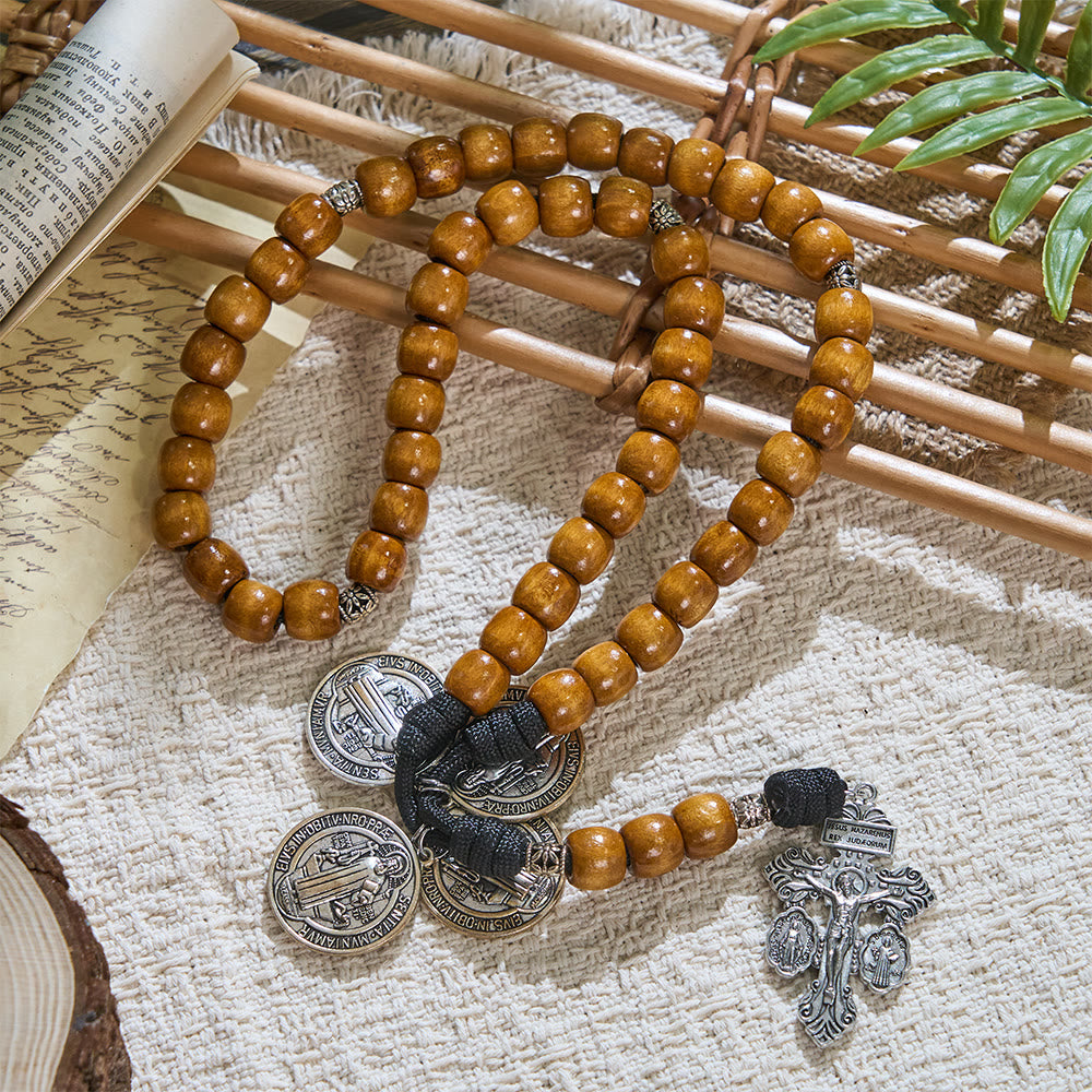 Christianartworkshop Traditioneller rustikaler Rosenkranz aus Holz, 15.05.2020, mit St.-Benedikt-Medaille und Kruzifix - Rosenkranz aus 5 Gesätzen - image 8