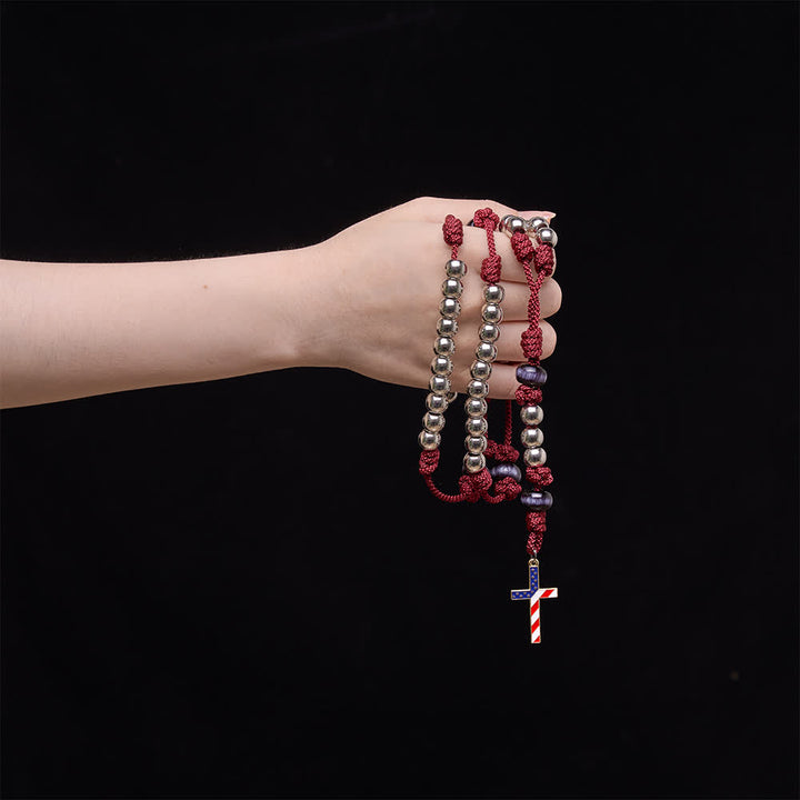 Christianartworkshop Rustikaler patriotischer Paracord-Rosenkranz mit US-Flaggenkreuz, Gott und Vaterland immer - image 1
