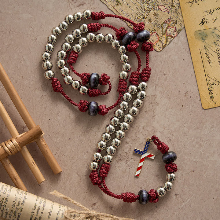 Christianartworkshop Rustikaler patriotischer Paracord-Rosenkranz mit US-Flaggenkreuz, Gott und Vaterland immer - image 2