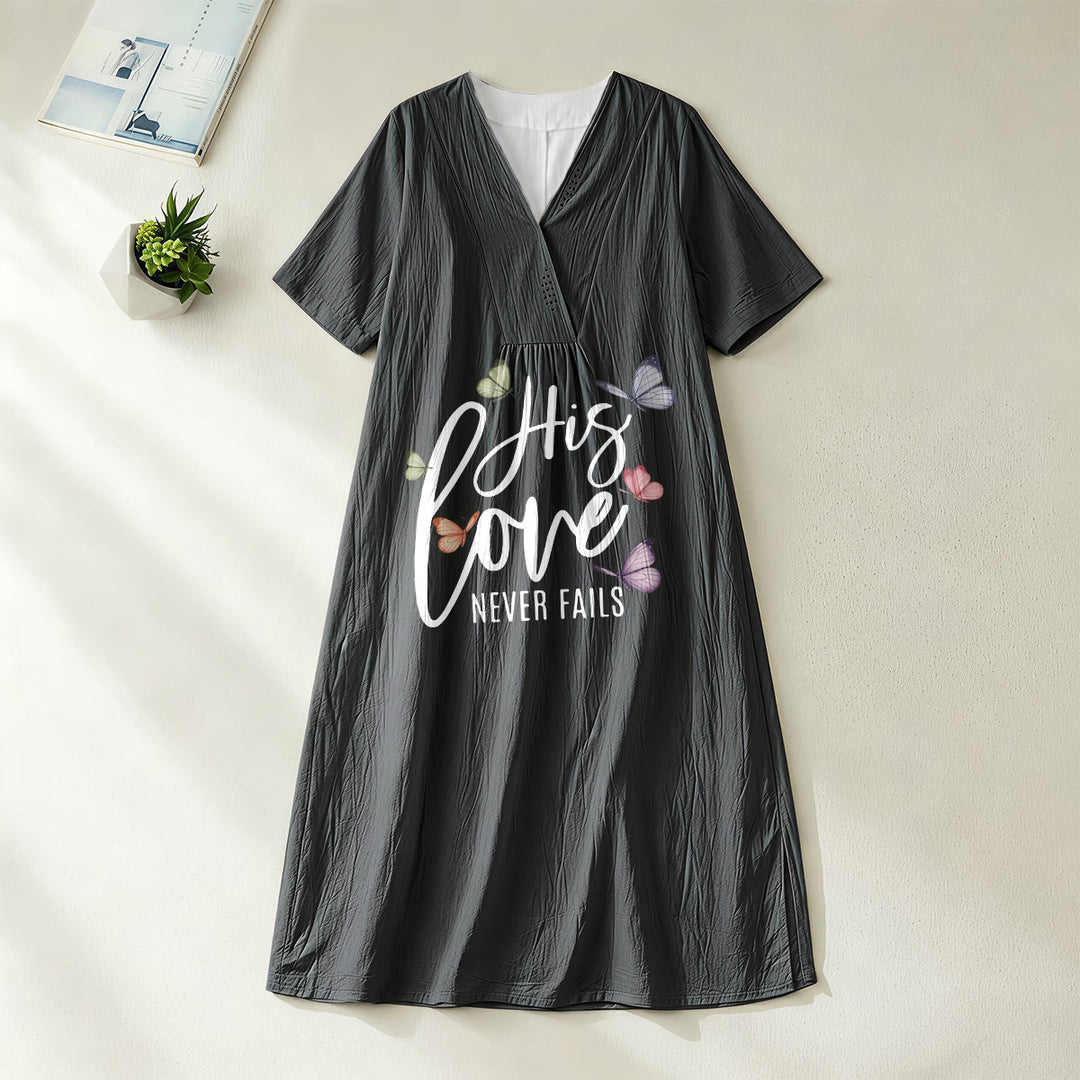 Christianartworkshop „Seine Liebe versagt nie“ Schmetterlingsprint, V-Ausschnitt, Kurzarm-Midikleid - Schwarz - 4XL - image 0