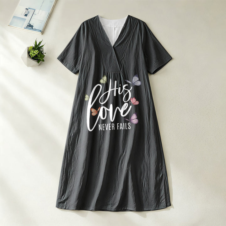 Christianartworkshop „Seine Liebe versagt nie“ Schmetterlingsprint, V-Ausschnitt, Kurzarm-Midikleid - Schwarz - 4XL - image 0