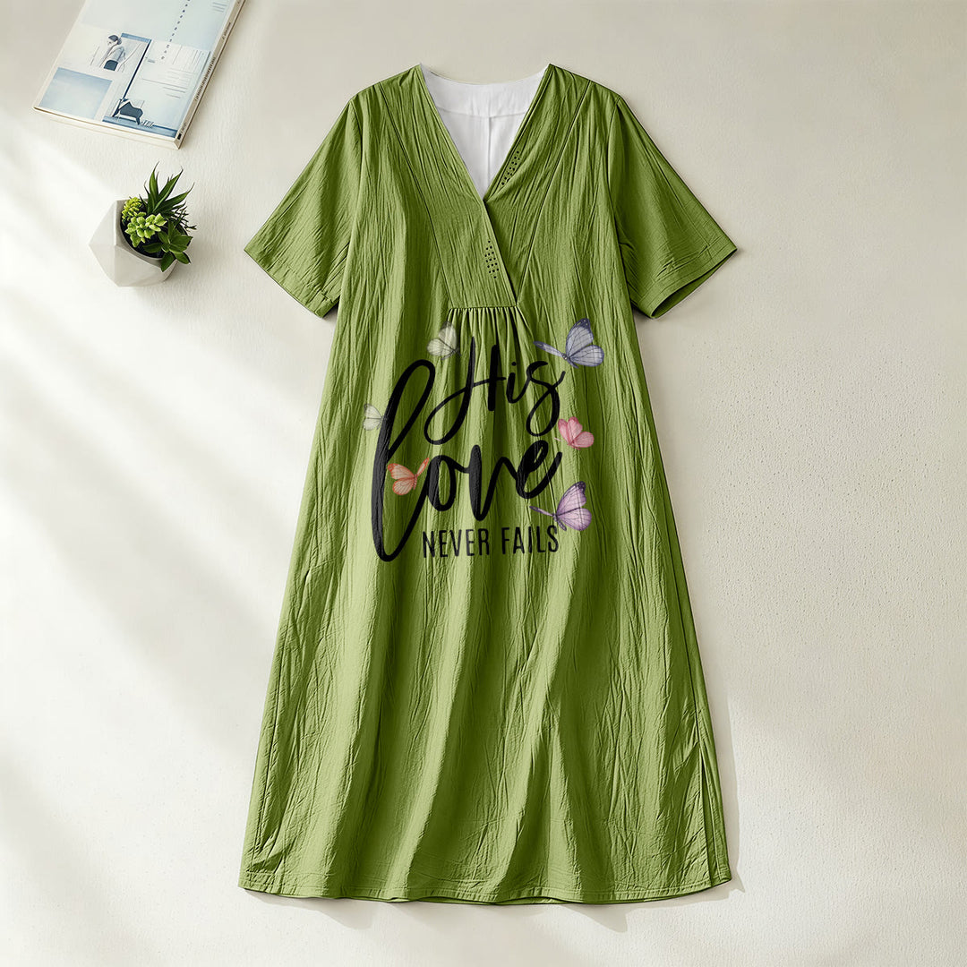 Christianartworkshop „Seine Liebe versagt nie“ Schmetterlingsprint, V-Ausschnitt, Kurzarm-Midikleid - Olivgrün - 4XL - image 12