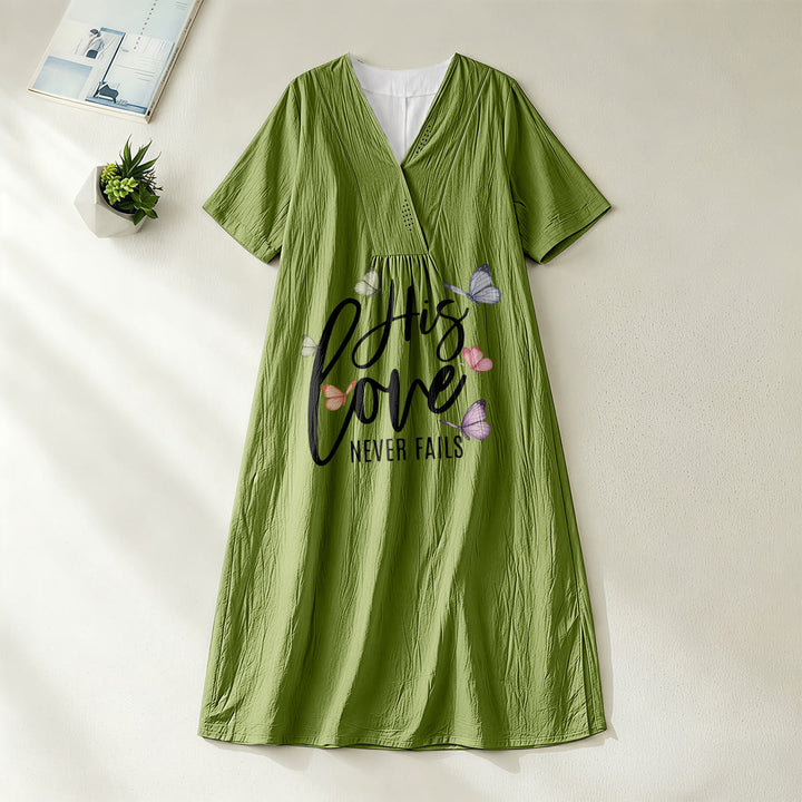 Christianartworkshop „Seine Liebe versagt nie“ Schmetterlingsprint, V-Ausschnitt, Kurzarm-Midikleid - Olivgrün - 4XL - image 12