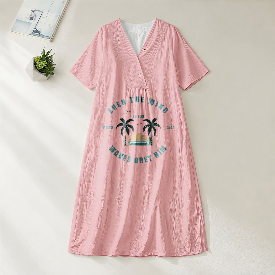 Christianartworkshop Küsten-Glaubensvers Palmen- und Sonnenuntergangsgrafik V-Ausschnitt Kurzarm-Midikleid - Rosa - 4XL - image 20