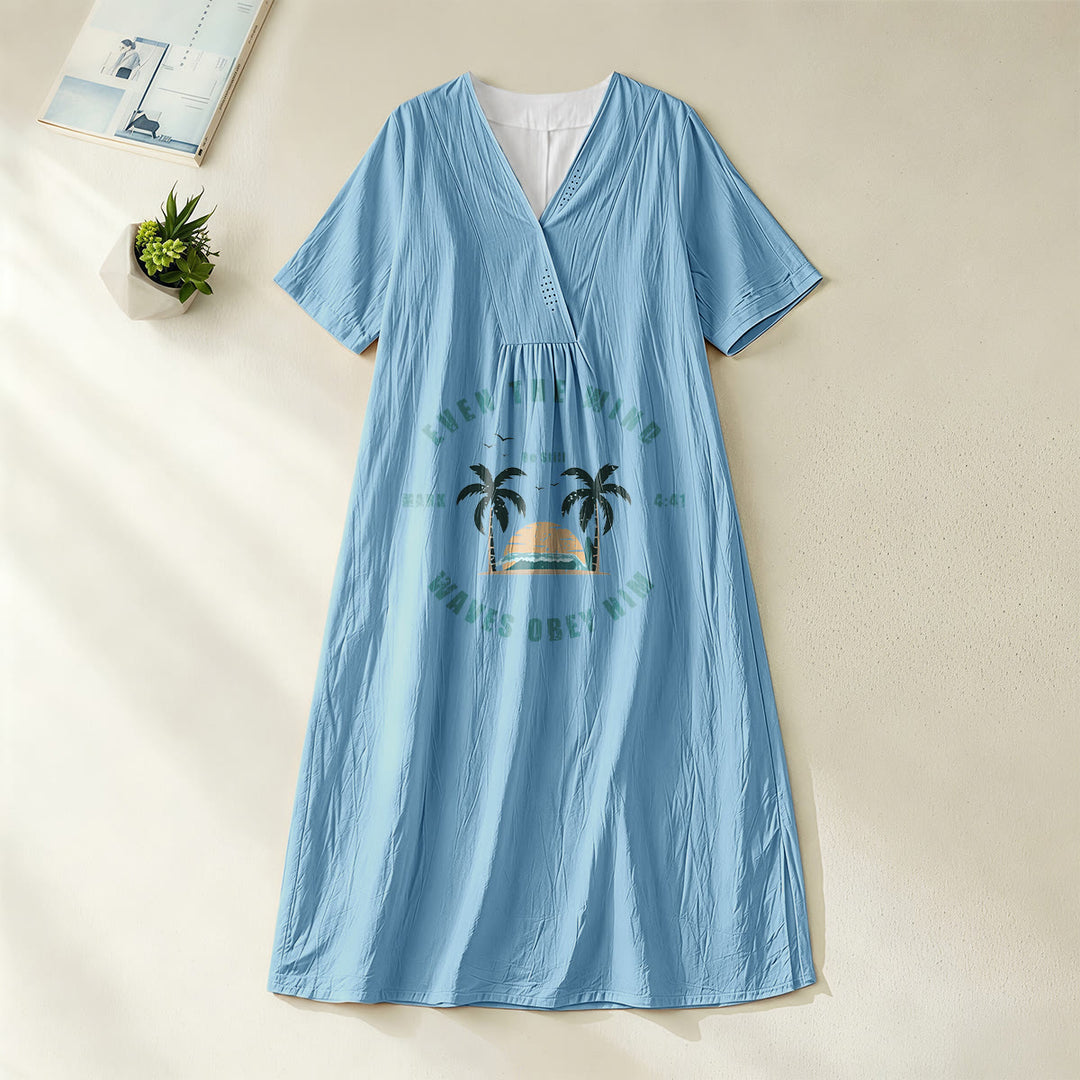 Christianartworkshop Küsten-Glaubensvers Palmen- und Sonnenuntergangsgrafik V-Ausschnitt Kurzarm-Midikleid - Blau - 4XL - image 0