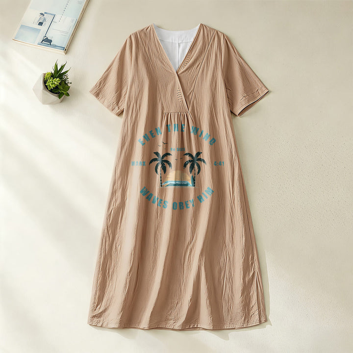 Christianartworkshop Küsten-Glaubensvers Palmen- und Sonnenuntergangsgrafik V-Ausschnitt Kurzarm-Midikleid - Khaki - 4XL - image 12