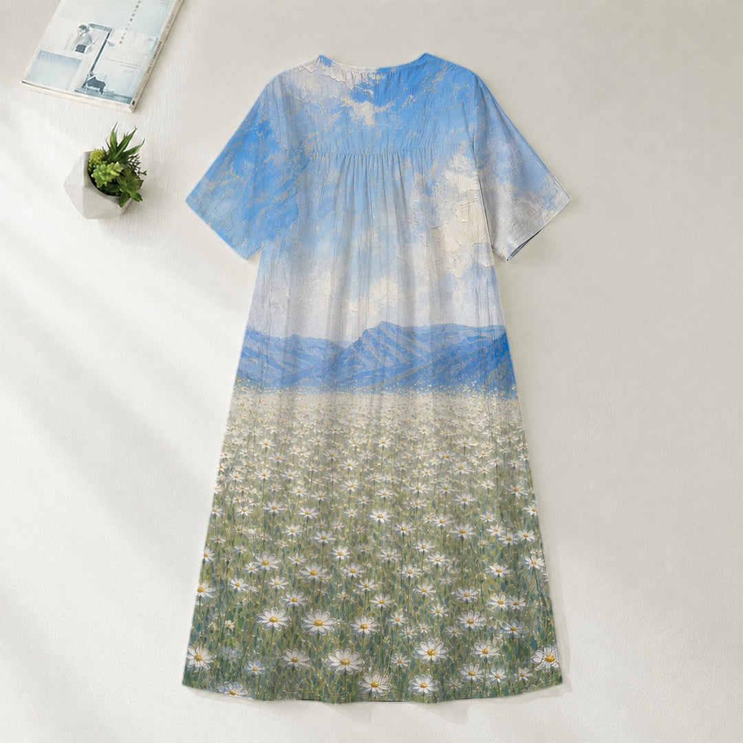 Christianartworkshop Jesus umarmt Kind auf einem Gänseblümchenfeld Kunstdruck V-Ausschnitt Kurzarm Midikleid - image 2