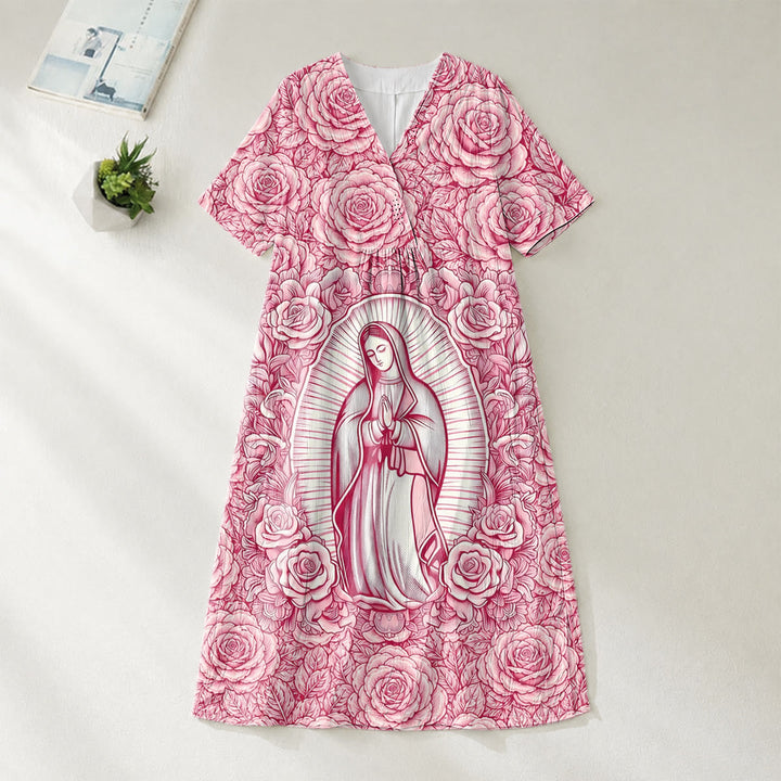 Christianartworkshop Andachtskleid „Unsere Liebe Frau von Guadalupe“ & Rosen, V-Ausschnitt, kurze Ärmel, Midi-Länge - 4XL - image 0