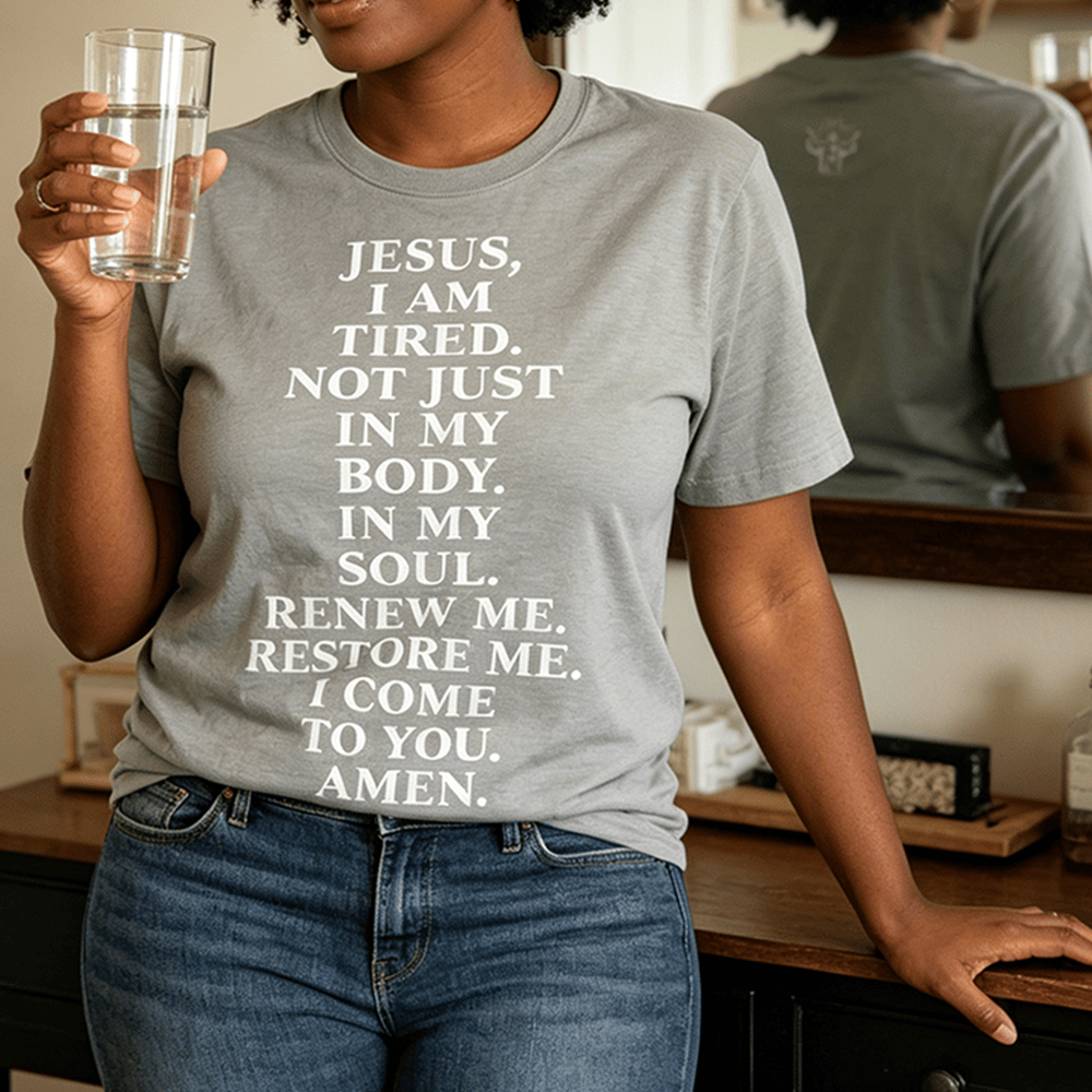 Christianartworkshop „Jesus, ich bin müde, erneuere mich“ – Andachts-T-Shirt mit kurzen Ärmeln (Premium-Qualität) - image 0
