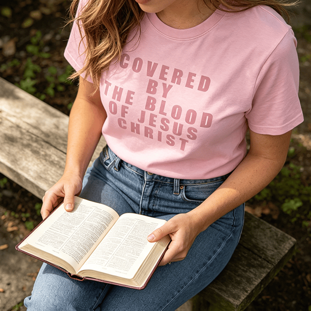 Christianartworkshop „Bedeckt durch das Blut Jesu Christi“ Statement Premium Kurzarm-T-Shirt - image 4