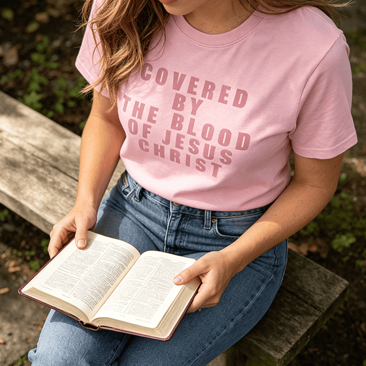 Christianartworkshop „Bedeckt durch das Blut Jesu Christi“ Statement Premium Kurzarm-T-Shirt - image 4