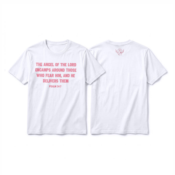 Christianartworkshop Psalm 34,7 „Der Engel des Herrn“ – Premium-T-Shirt mit Vorder- und Rückseitendruck, Kurzarm - Weiß - 2XL - image 4