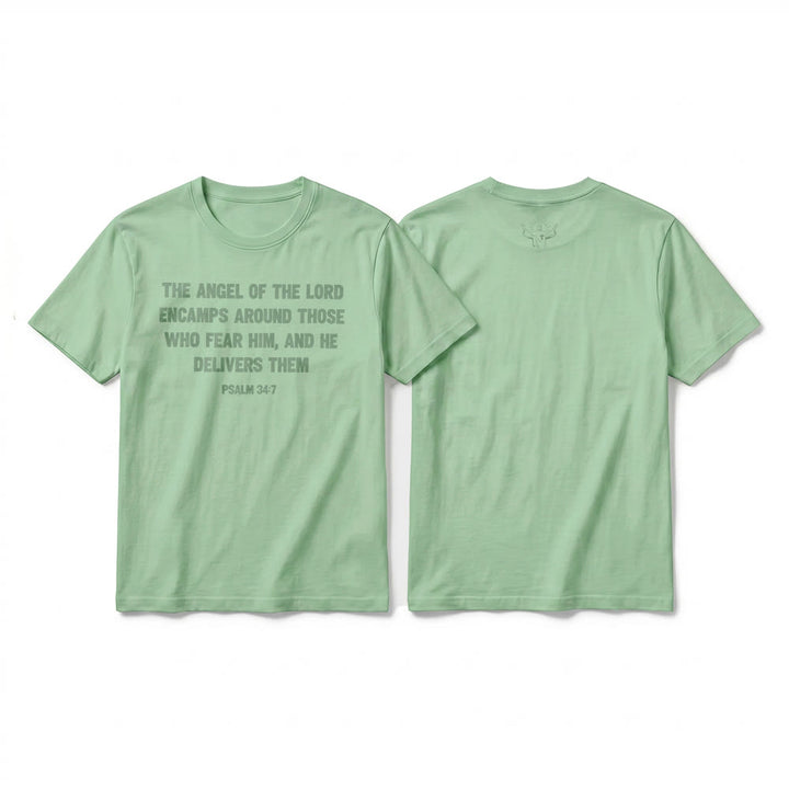 Christianartworkshop Psalm 34,7 „Der Engel des Herrn“ – Premium-T-Shirt mit Vorder- und Rückseitendruck, Kurzarm - Hellgrün - 2XL - image 22
