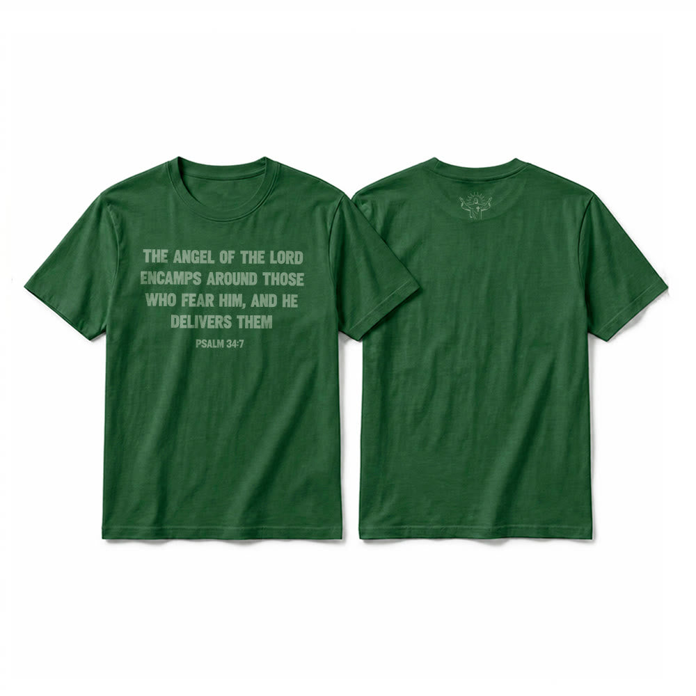 Christianartworkshop Psalm 34,7 „Der Engel des Herrn“ – Premium-T-Shirt mit Vorder- und Rückseitendruck, Kurzarm - Dunkelgrün - 2XL - image 25