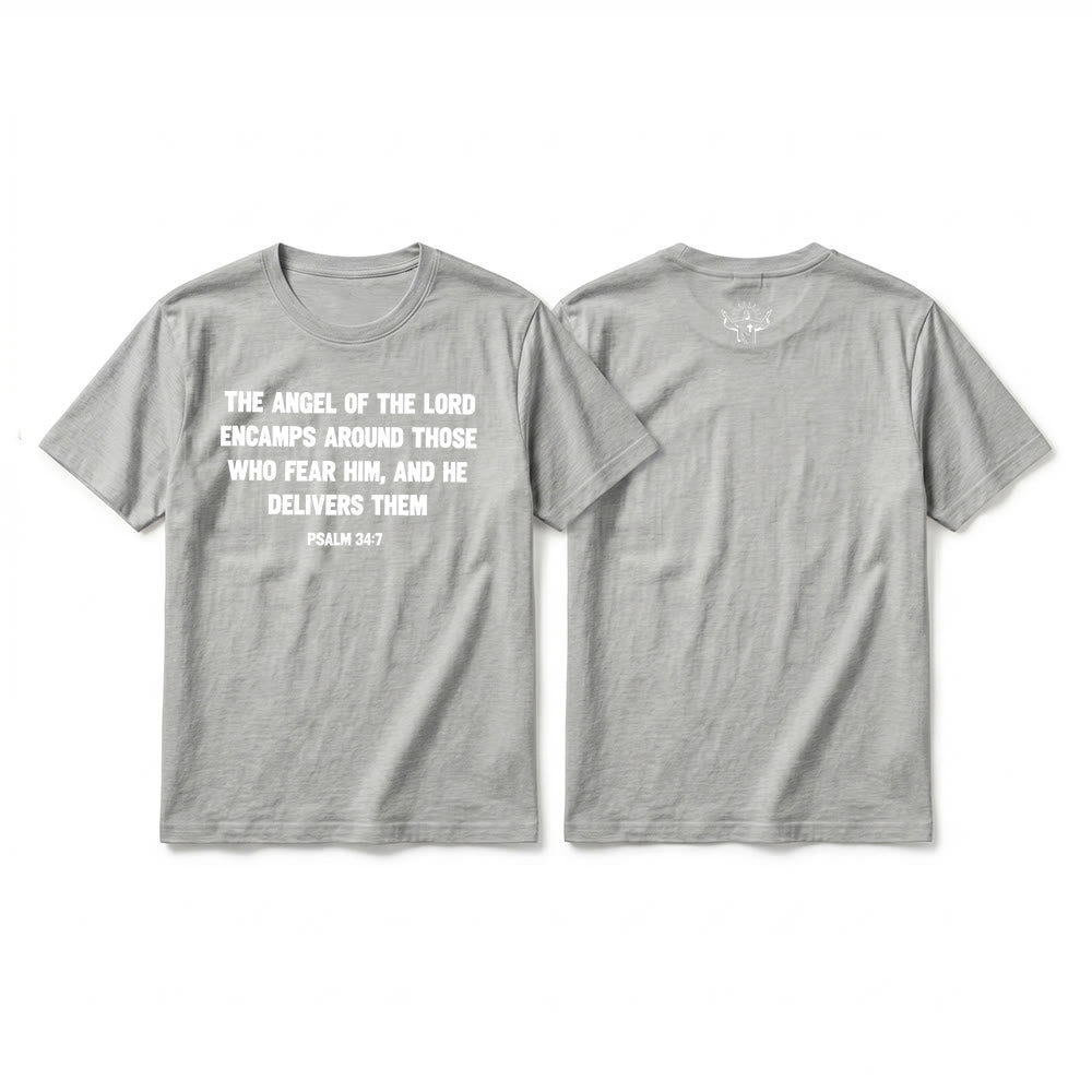 Christianartworkshop Psalm 34,7 „Der Engel des Herrn“ – Premium-T-Shirt mit Vorder- und Rückseitendruck, Kurzarm - Grau - 2XL - image 16