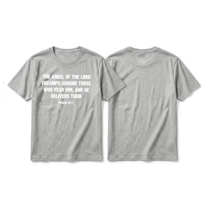 Christianartworkshop Psalm 34,7 „Der Engel des Herrn“ – Premium-T-Shirt mit Vorder- und Rückseitendruck, Kurzarm - Grau - 2XL - image 16