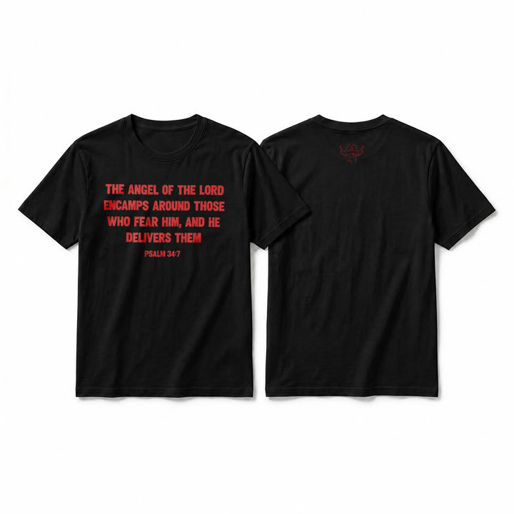 Christianartworkshop Psalm 34,7 „Der Engel des Herrn“ – Premium-T-Shirt mit Vorder- und Rückseitendruck, Kurzarm - Schwarz - 2XL - image 1