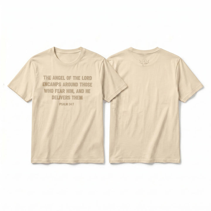 Christianartworkshop Psalm 34,7 „Der Engel des Herrn“ – Premium-T-Shirt mit Vorder- und Rückseitendruck, Kurzarm - Beige - 2XL - image 19