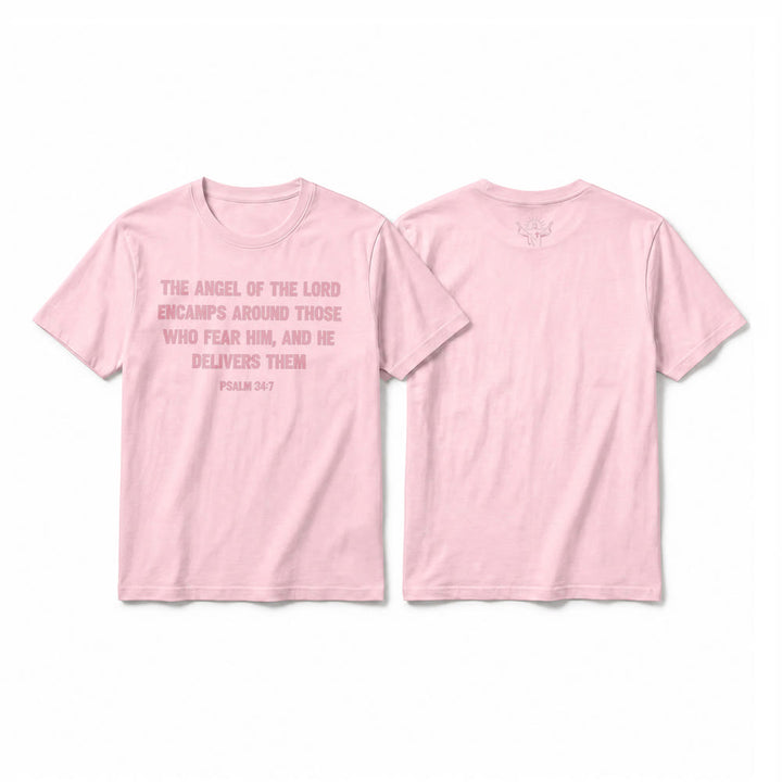 Christianartworkshop Psalm 34,7 „Der Engel des Herrn“ – Premium-T-Shirt mit Vorder- und Rückseitendruck, Kurzarm - Rosa - 2XL - image 7
