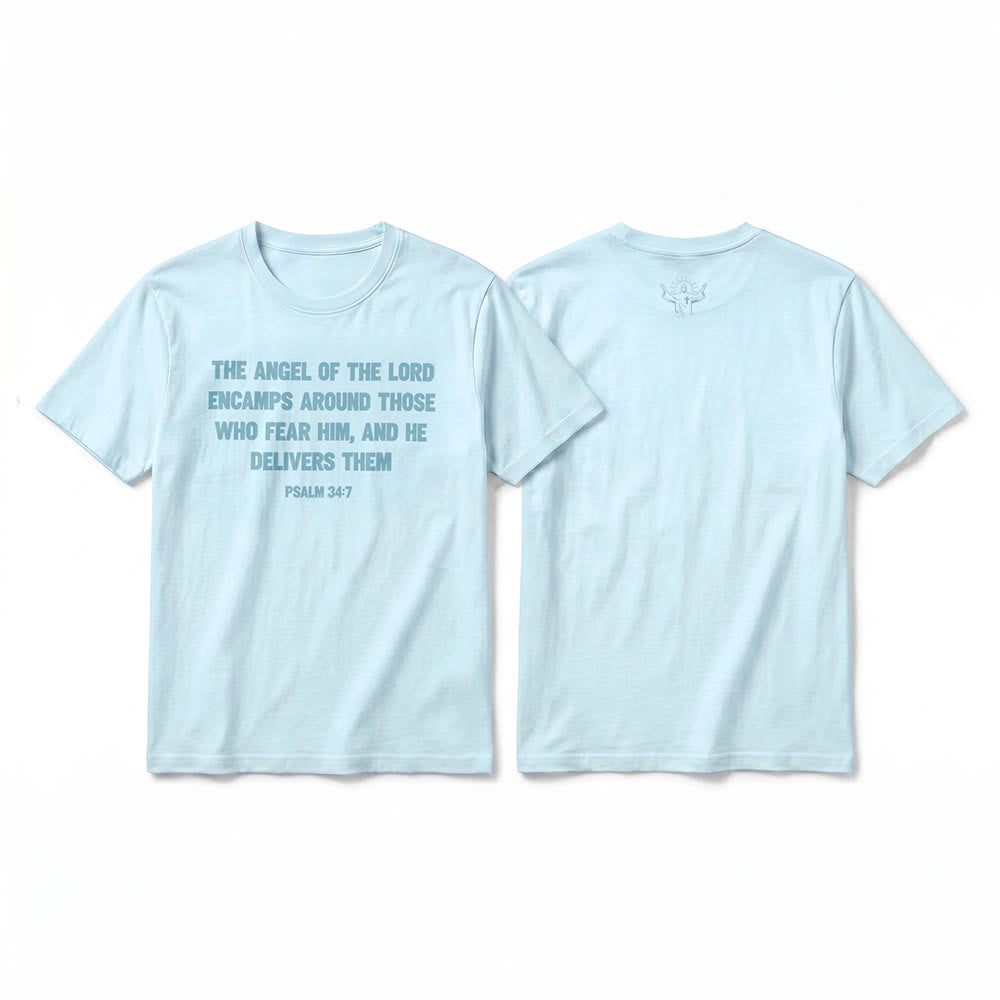 Christianartworkshop Psalm 34,7 „Der Engel des Herrn“ – Premium-T-Shirt mit Vorder- und Rückseitendruck, Kurzarm - Blau - 2XL - image 10