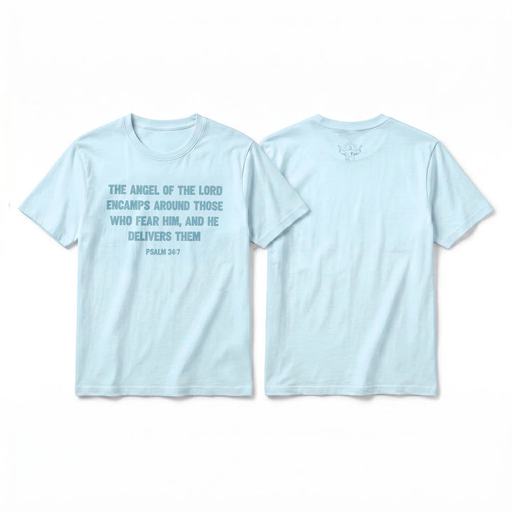Christianartworkshop Psalm 34,7 „Der Engel des Herrn“ – Premium-T-Shirt mit Vorder- und Rückseitendruck, Kurzarm - Blau - 2XL - image 10