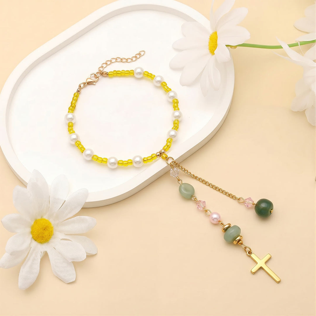 Christianartworkshop Minimalistischer Autoanhänger in Kreuzform mit Naturstein- und Kristallperlen: Eine Erinnerung an himmlischen Frieden unterwegs - Grüner Jade - image 25