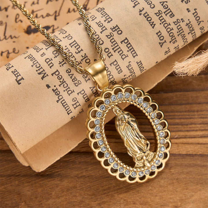 Christianartworkshop Ovale Marienkette mit durchbrochenem Muster, Zirkon-Halo und geflochtener Kette: Eine Erinnerung an göttliche Barmherzigkeit und himmlischen Schutz - Golden - image 0