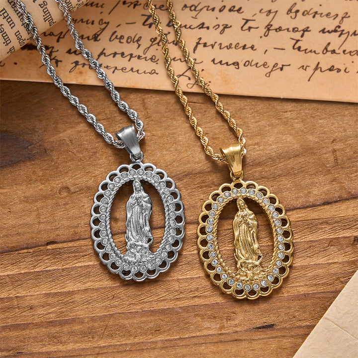 Christianartworkshop Ovale Marienkette mit durchbrochenem Muster, Zirkon-Halo und geflochtener Kette: Eine Erinnerung an göttliche Barmherzigkeit und himmlischen Schutz - image 2