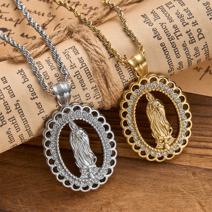 Christianartworkshop Ovale Marienkette mit durchbrochenem Muster, Zirkon-Halo und geflochtener Kette: Eine Erinnerung an göttliche Barmherzigkeit und himmlischen Schutz - image 1