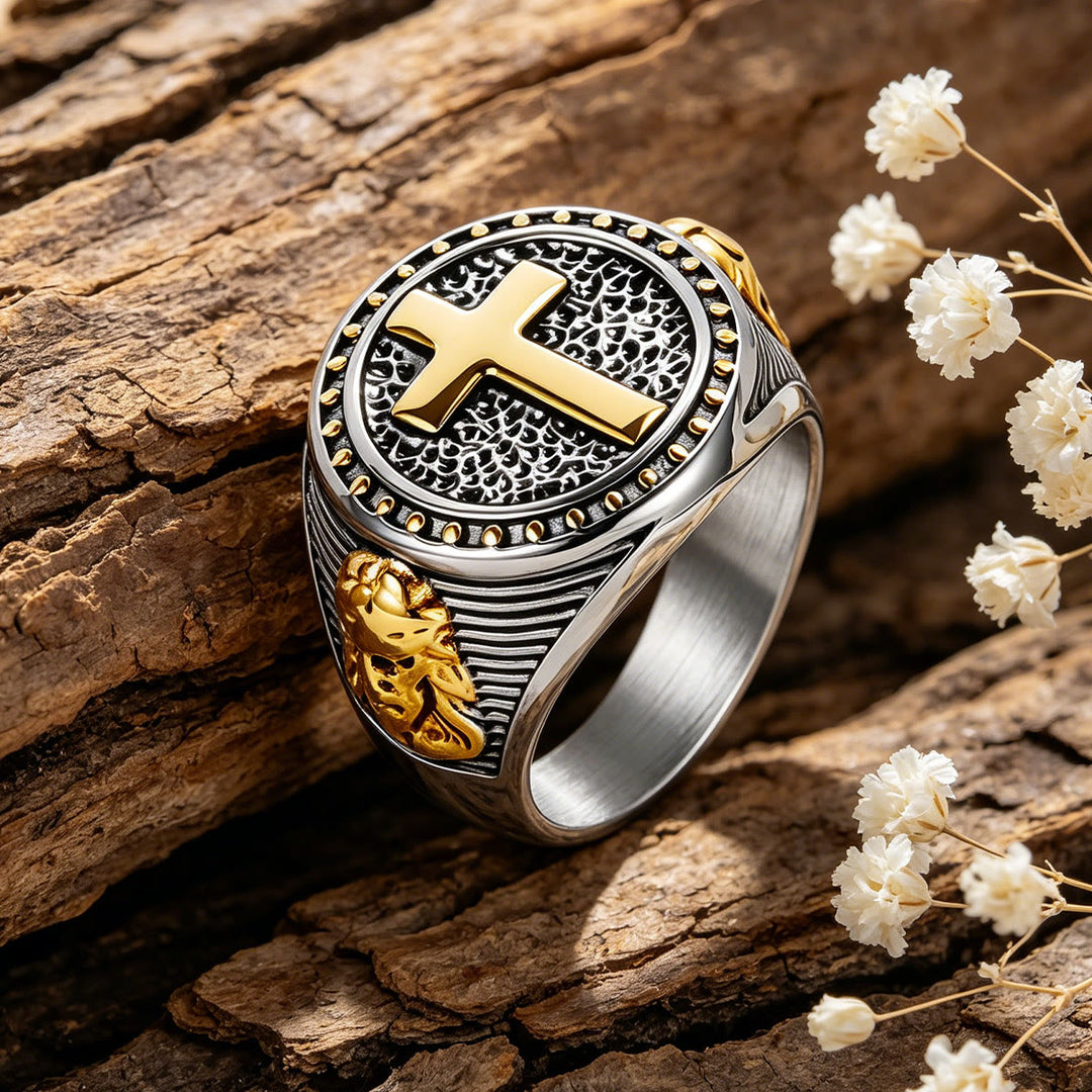 Christianartworkshop Vintage zweifarbiger Kreuz-Siegelring mit Jesus-Profil: Ein Symbol zeitlosen Glaubens und heiligen Schutzes - Silber & Gold - US 13 - image 0